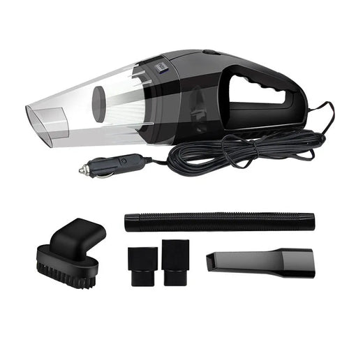 Orange, black, and blue coloured 12V portable handheld car vacuum cleaner with nozzles.