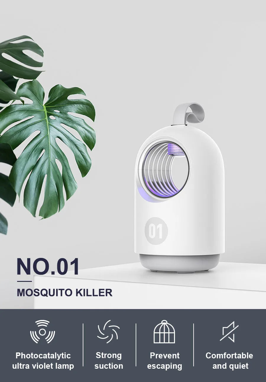White and blue indoor mosquito killer lamp with UV light and carry handle on a table.