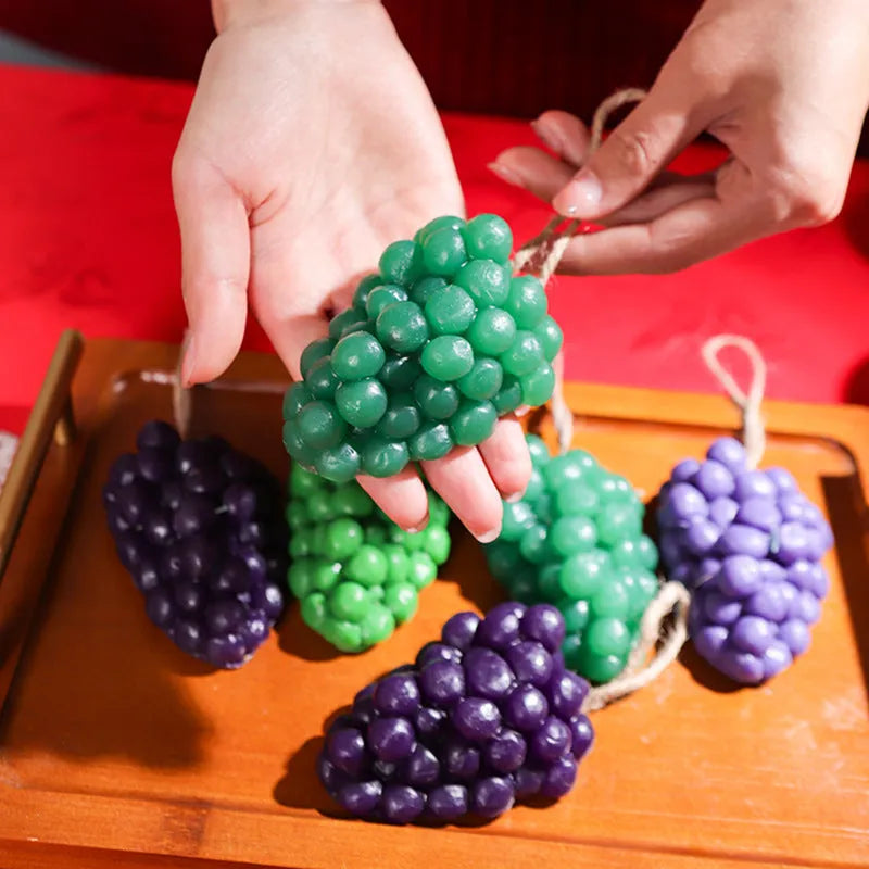 Purple and green grape handmade soap bars showing 80g size and natural grape cluster elements