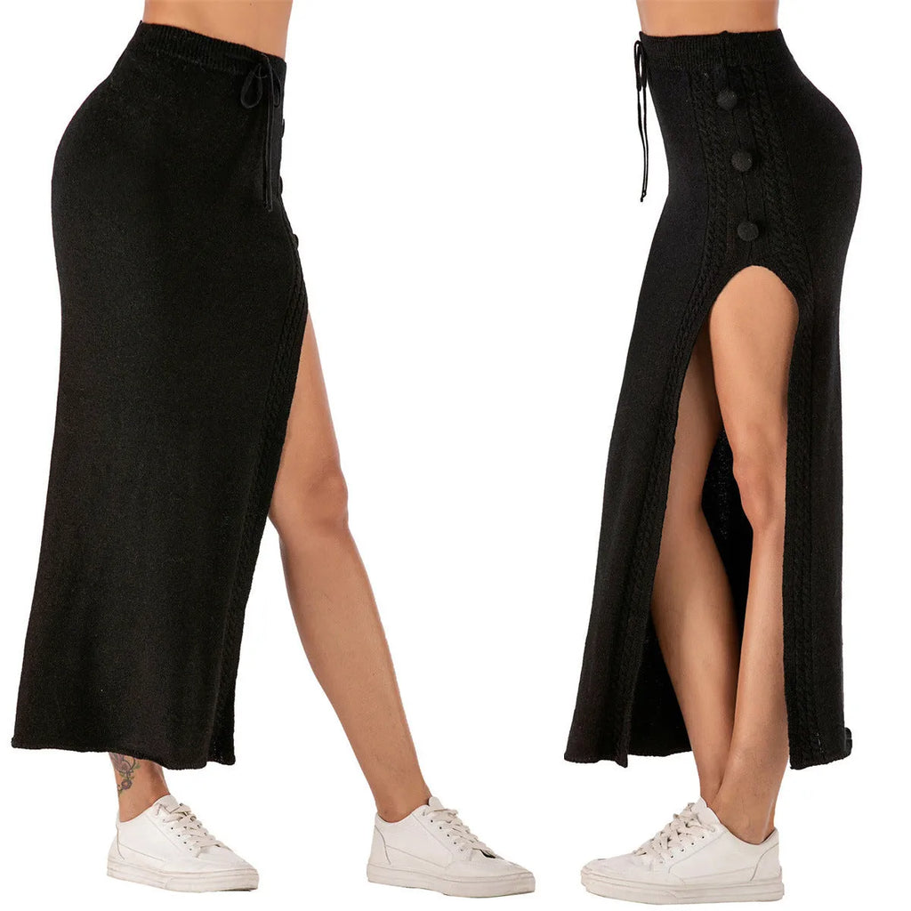 Slim-fit acrylic woolen mid-length skirt with side split and straps in black colour