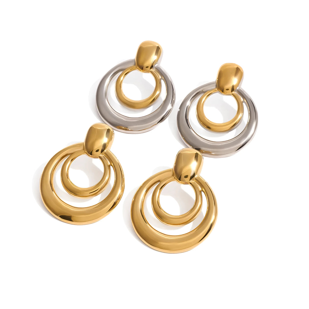 Round geometric gold-plated hollow stud earrings with double layer design on titanium steel