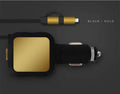 2 in 1 dual USB retractable car charger in black and gold colour showing USB ports and retractable cable