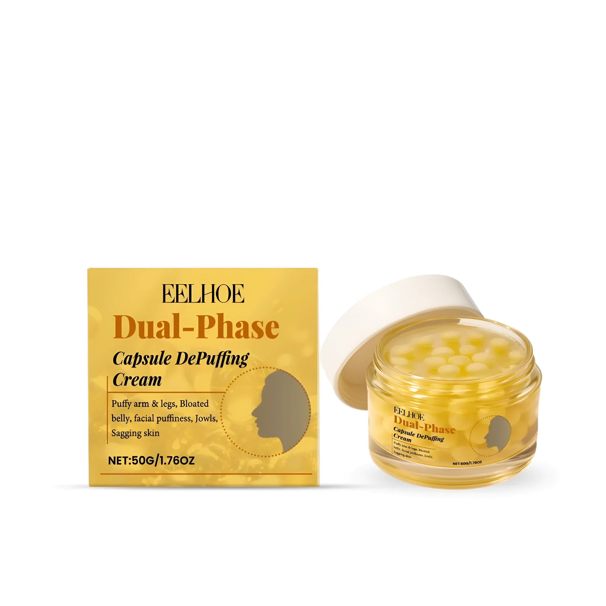 Dual-Phase Capsule Depuffing Cream 50g jar with yellow capsule spheres and cream base
