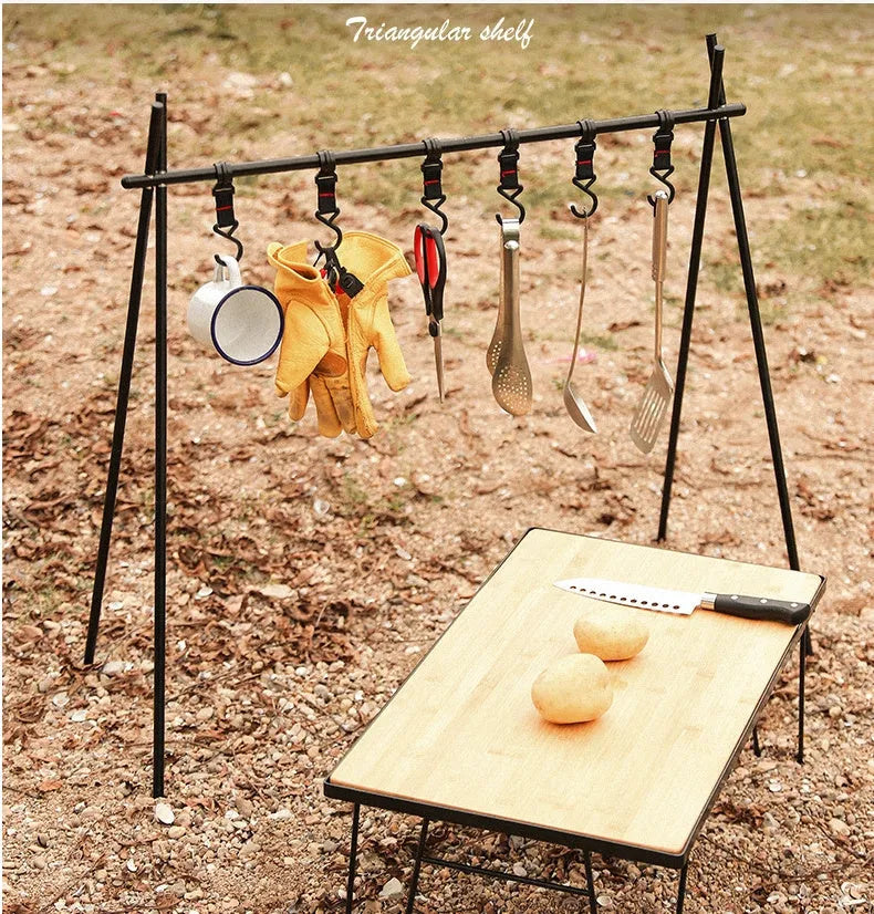 Aluminium alloy foldable camping clothes drying rack with triangular frame and 5 hooks
