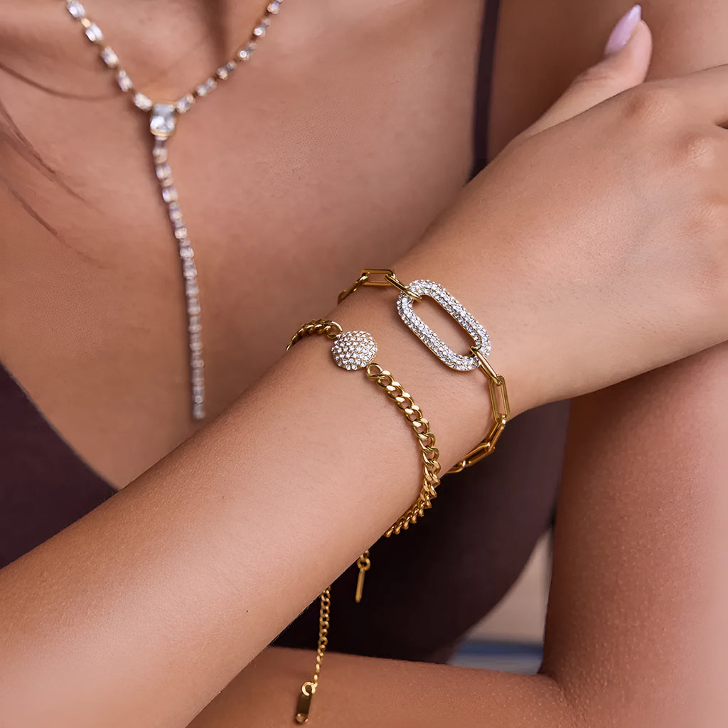 Women's stainless steel bracelet with electroplated finish, geometric round shape on a woman's wrist