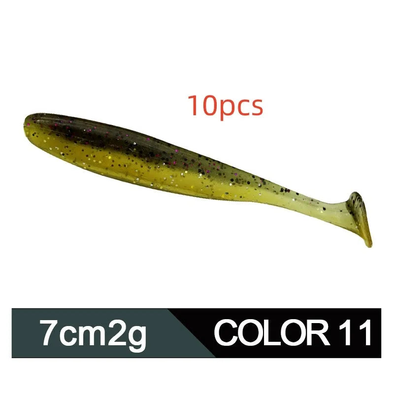 7 cm two-tone soft plastic fishing lure with T-tail design in multiple colour variations