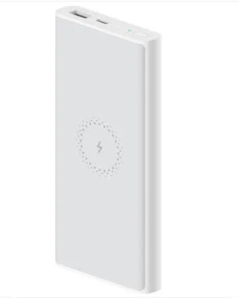 Black or white plastic 10000mAh power bank with wireless charging and USB Type-C port.
