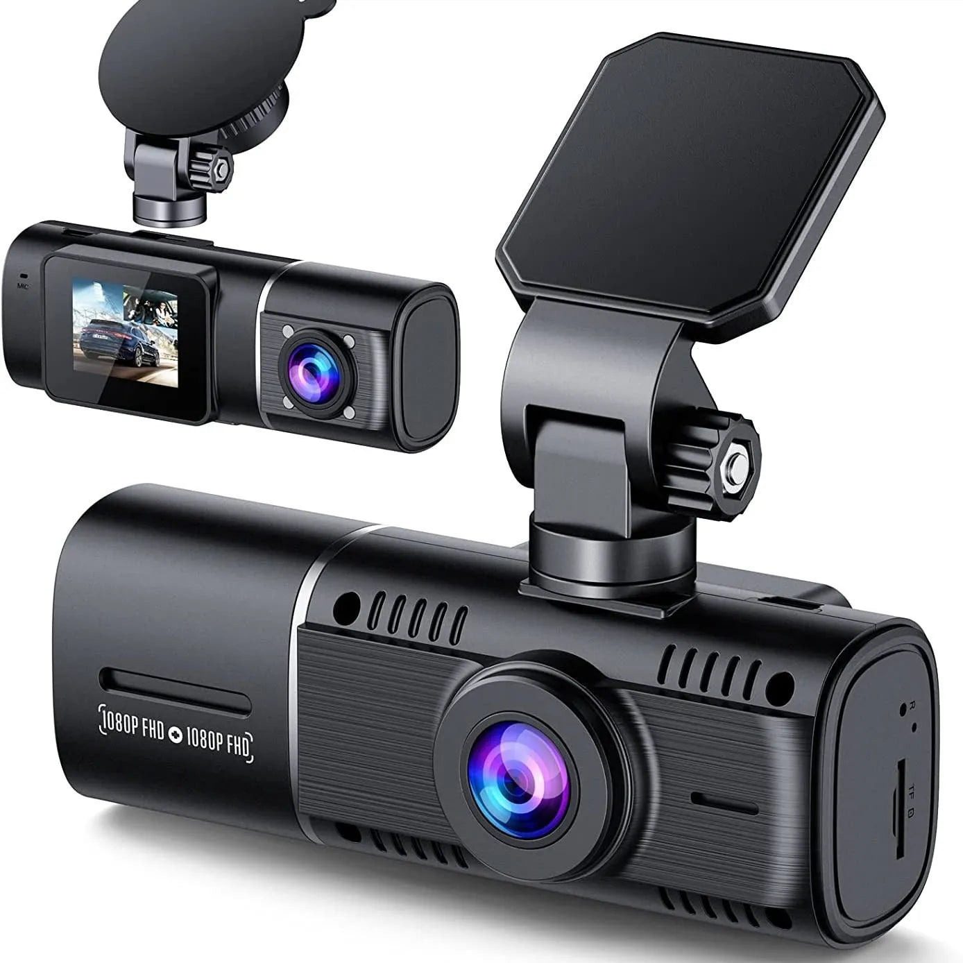 Black car dashcam with 1.5-inch screen showing dual camera recording display for front and rear vehicle monitoring