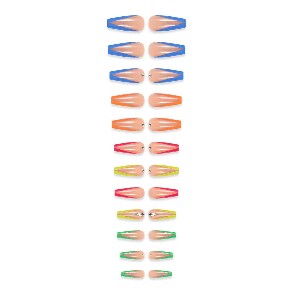 Detachable false nail tips with diamond colour French finish and red cartoon cross-heart pattern.