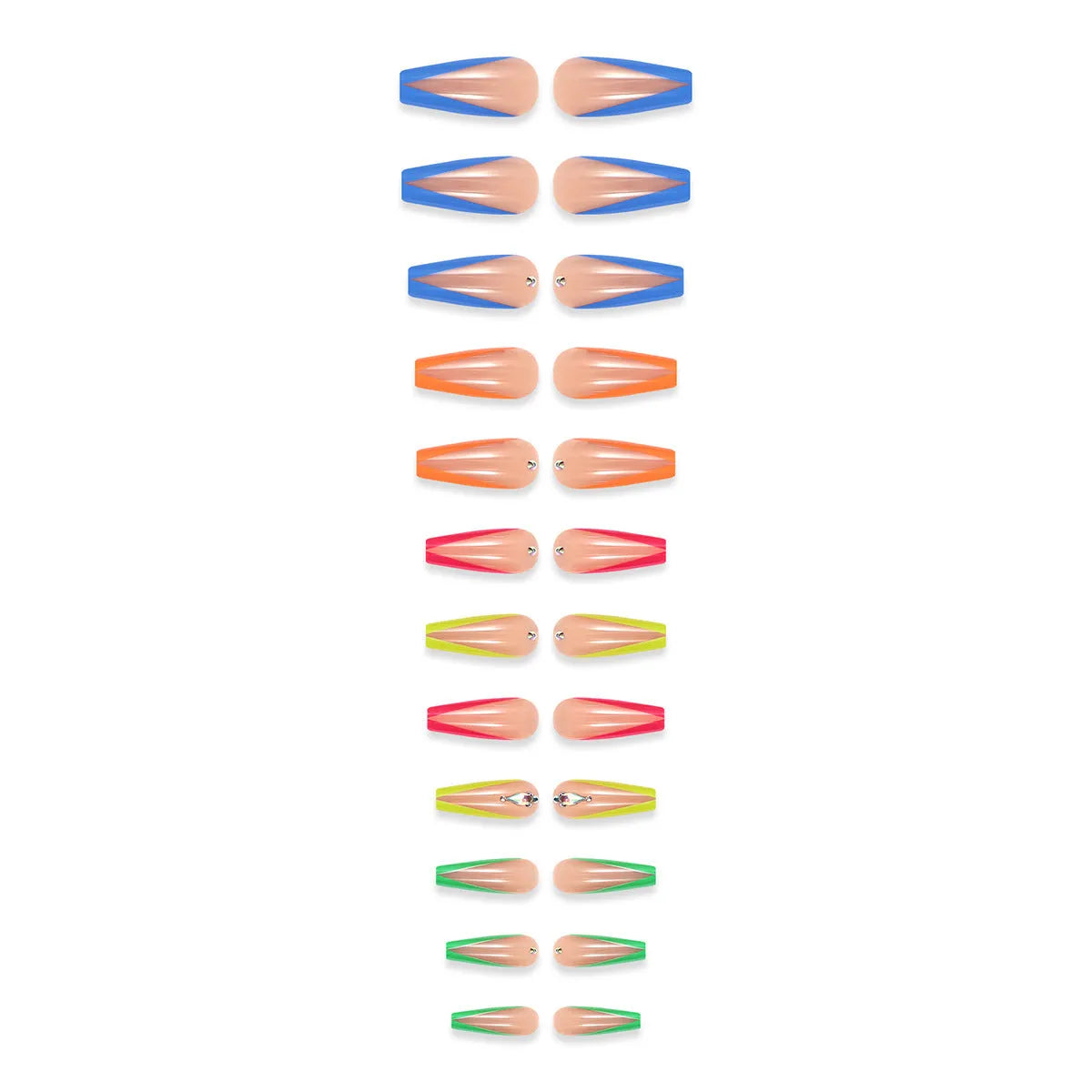 Detachable false nail tips with diamond colour French finish and red cartoon cross-heart pattern.