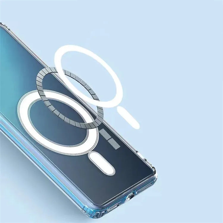 Transparent MagSafe magnetic TPU phone case for Samsung Galaxy S21, S22, S23 models on a table.