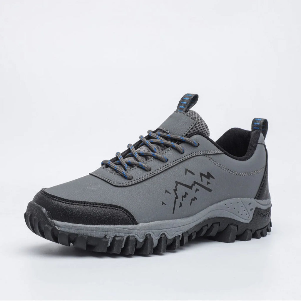 Wear-resistant low-top outdoor sneakers in dark gray with mesh lining and TPR sole, side view
