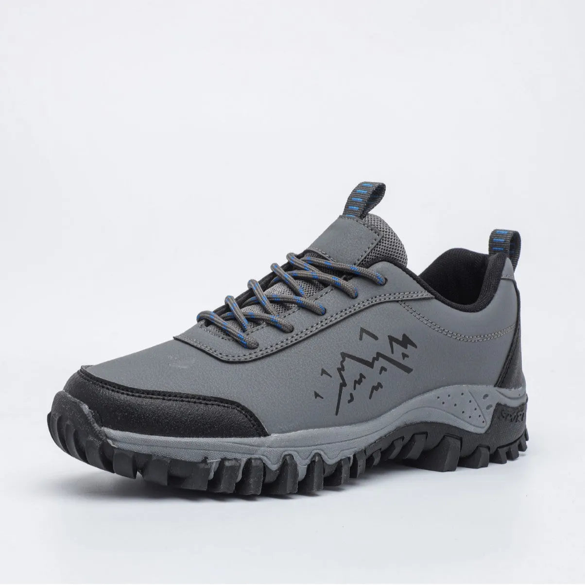 Wear-resistant low-top outdoor sneakers in dark gray with mesh lining and TPR sole, side view