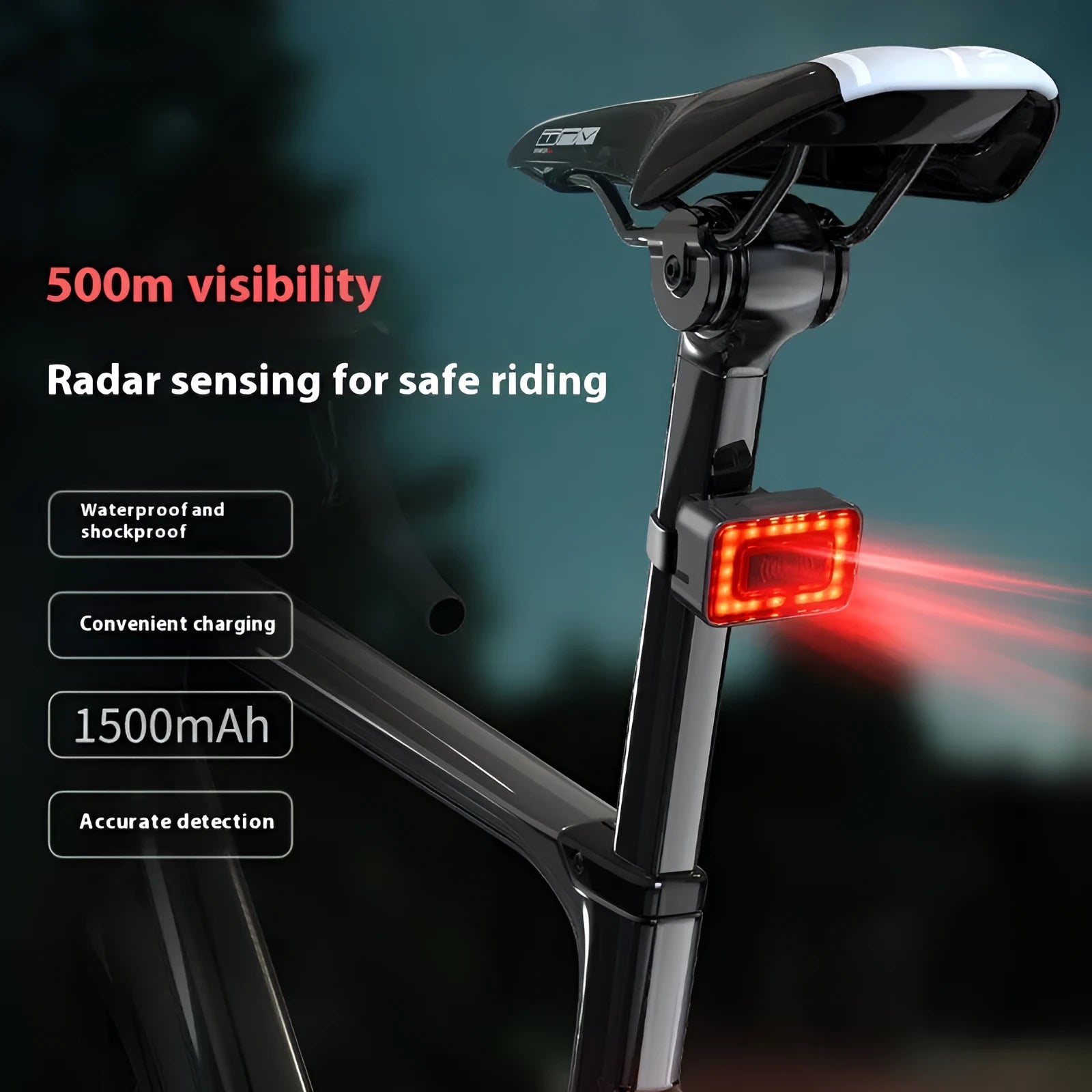Radar detection bicycle taillight with double bracket mount showing dimensions 59.0×39.5×28.5mm