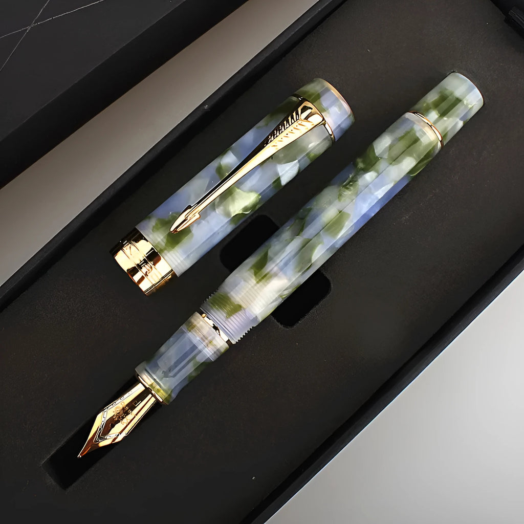 Deep bath green metal ballpoint pen showing three tip size options: 0.5mm fine, 0.7mm medium, and 1.0mm graphic art