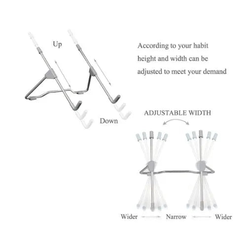 Grey aluminium alloy mobile phone and laptop stand with adjustable angles on a desk