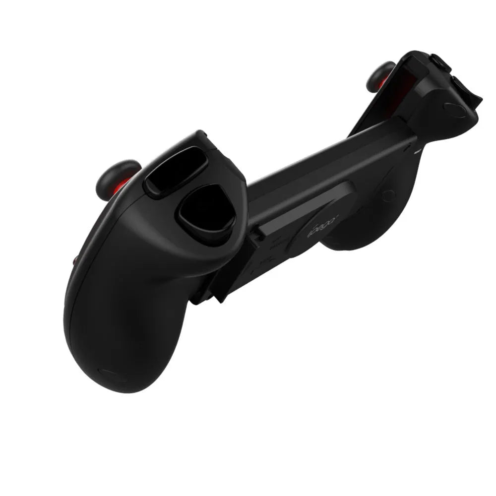 Red telescopic gamepad controller extended with smartphone, showing USB cable and Bluetooth connectivity