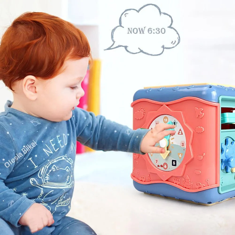Six-sided baby hexahedron educational toy cube with bead maze and gears in multiple colours