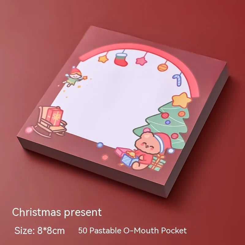 A5 Christmas sticky notes featuring eight designs including bear, elf, gift, and Santa Claus