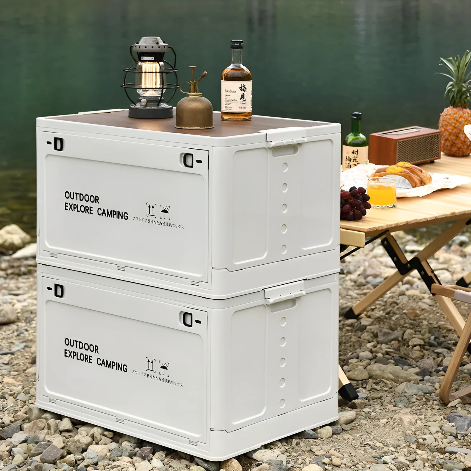 Large white plastic storage box with 45L capacity for household and camping organisation