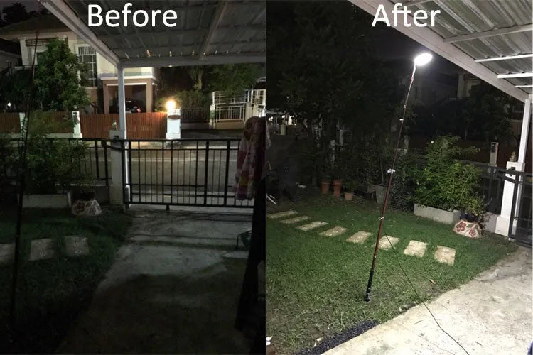 CL-LB-M7 LED light panel mounted on a tall telescopic fishing rod with a remote control.