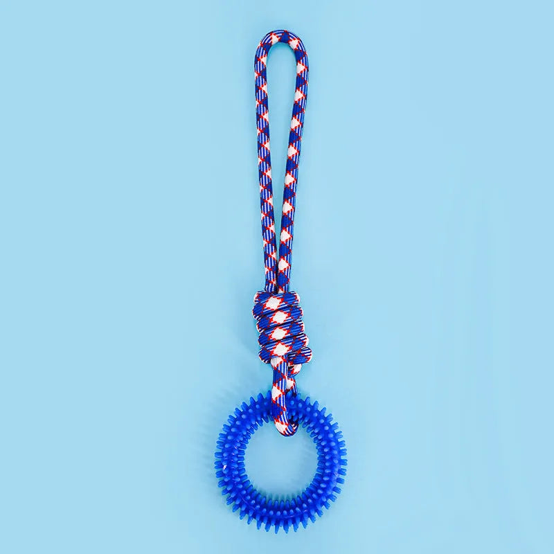 Blue braided rope dog toy with knots, showing length of 43cm