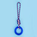 Blue braided rope dog toy with knots, showing length of 43cm