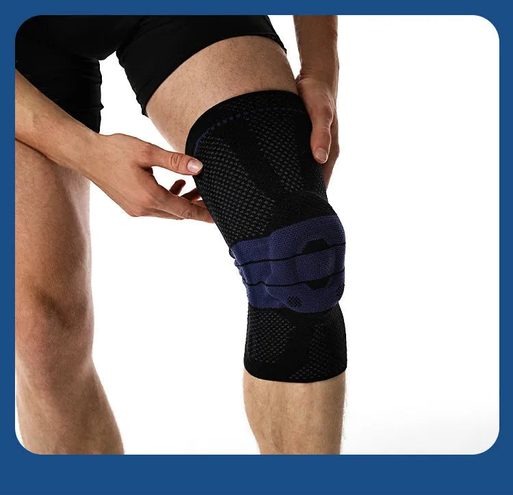 Adult sports kneepad in nylon and spandex for basketball running protection, showing black and blue colour option