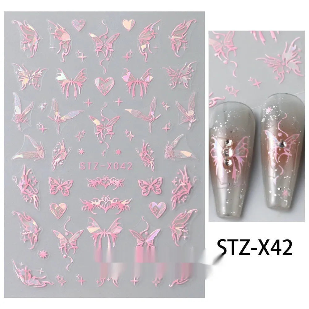 Set of 60 black and silver cartoon pattern nail strip stickers with plastic application patch.