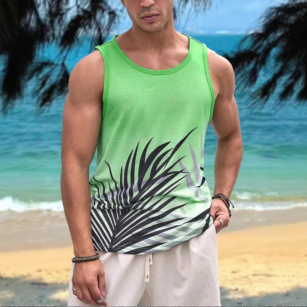 Man wearing a solid-colour sleeveless vest with a 3D printed Hawaiian pattern, showing pinhole fabric texture.