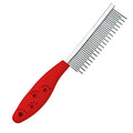 Red plastic handle pet grooming comb with dual-length stainless steel teeth for dematting dogs and cats.