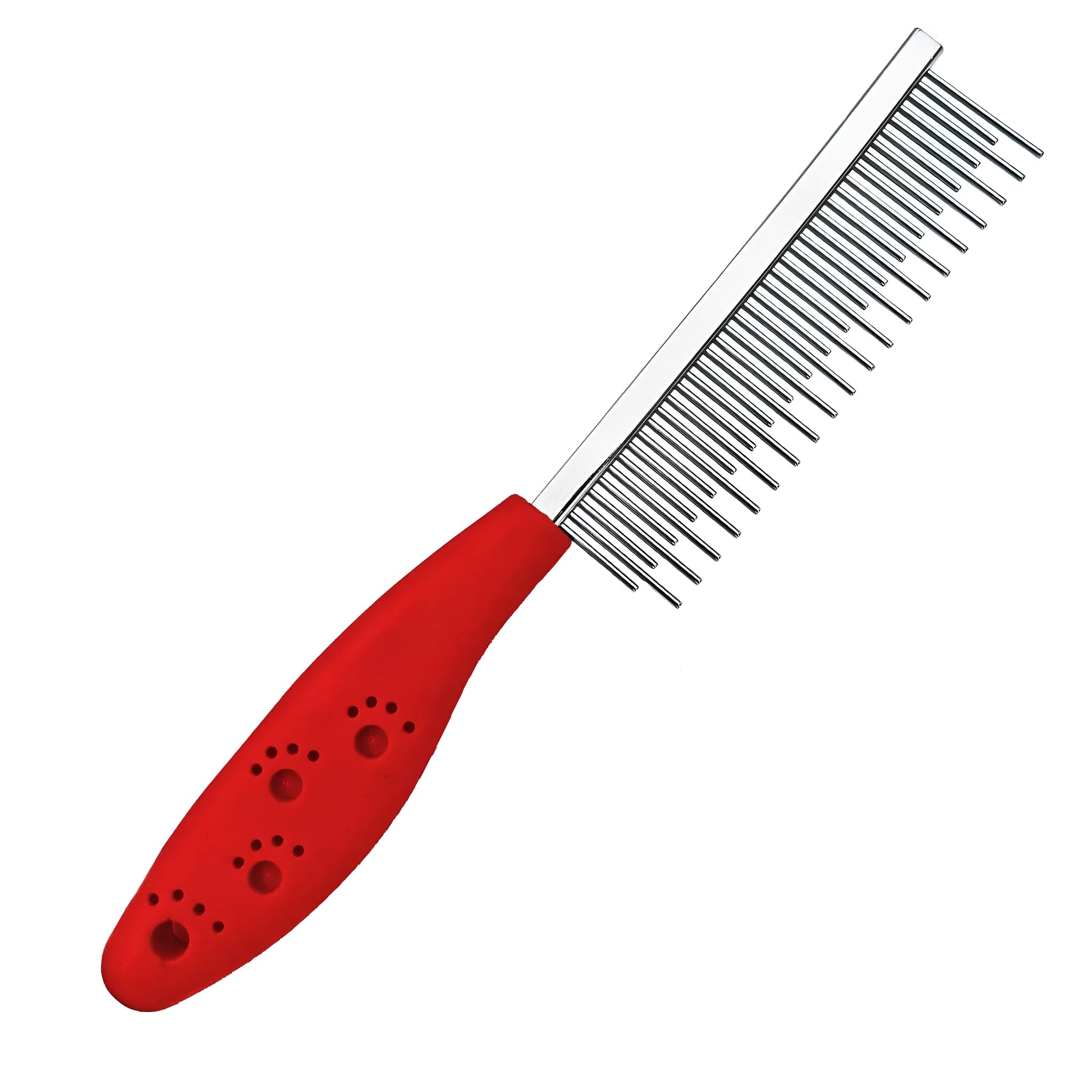 Red plastic handle pet grooming comb with dual-length stainless steel teeth for dematting dogs and cats.