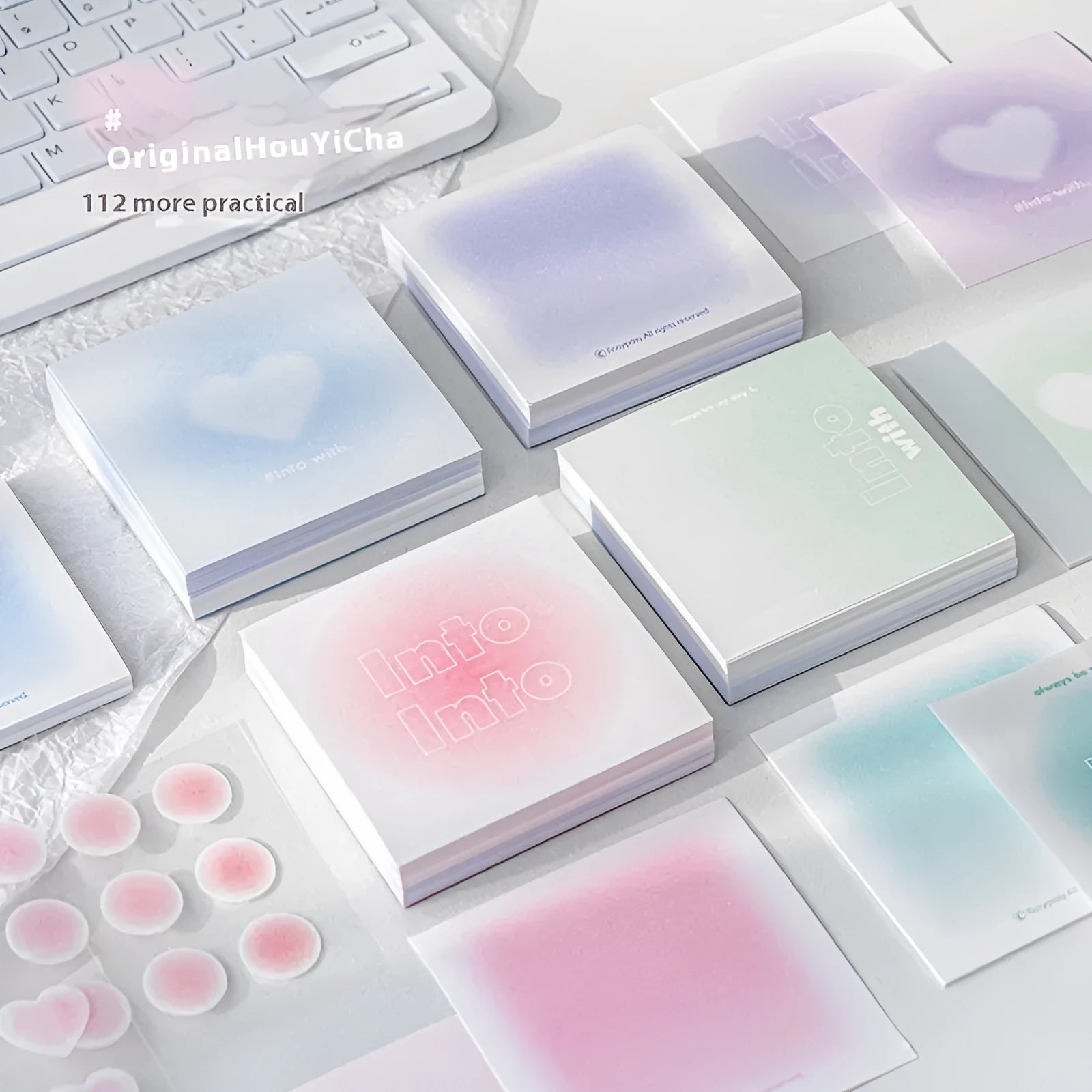 Square gradient parchment multifunctional notepad measuring 70mm with blush, green, purple, and blue pages