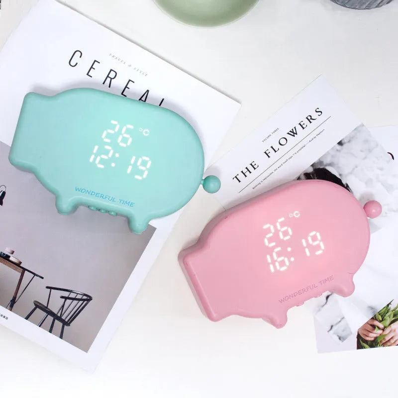 Blue USB-powered LED alarm clock with temperature display and charging functionality