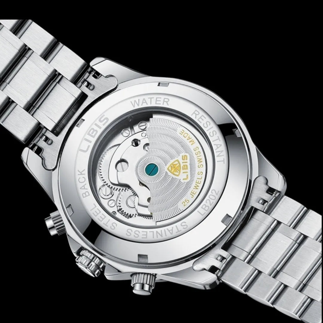 Men's silver automatic perpetual calendar mechanical watch with stainless steel bracelet and sapphire crystal