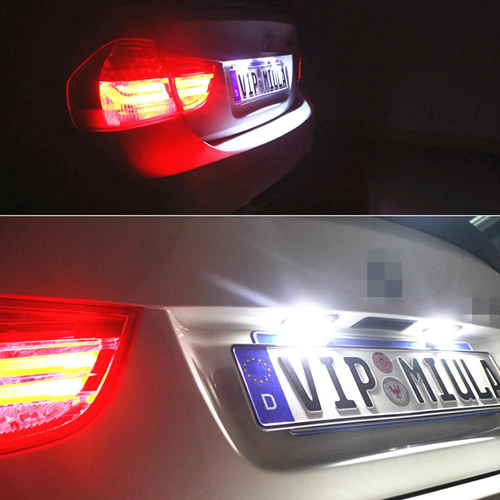 Volkswagen LED licence plate light upgrade kit for Golf, Polo, Phaeton models with white light.