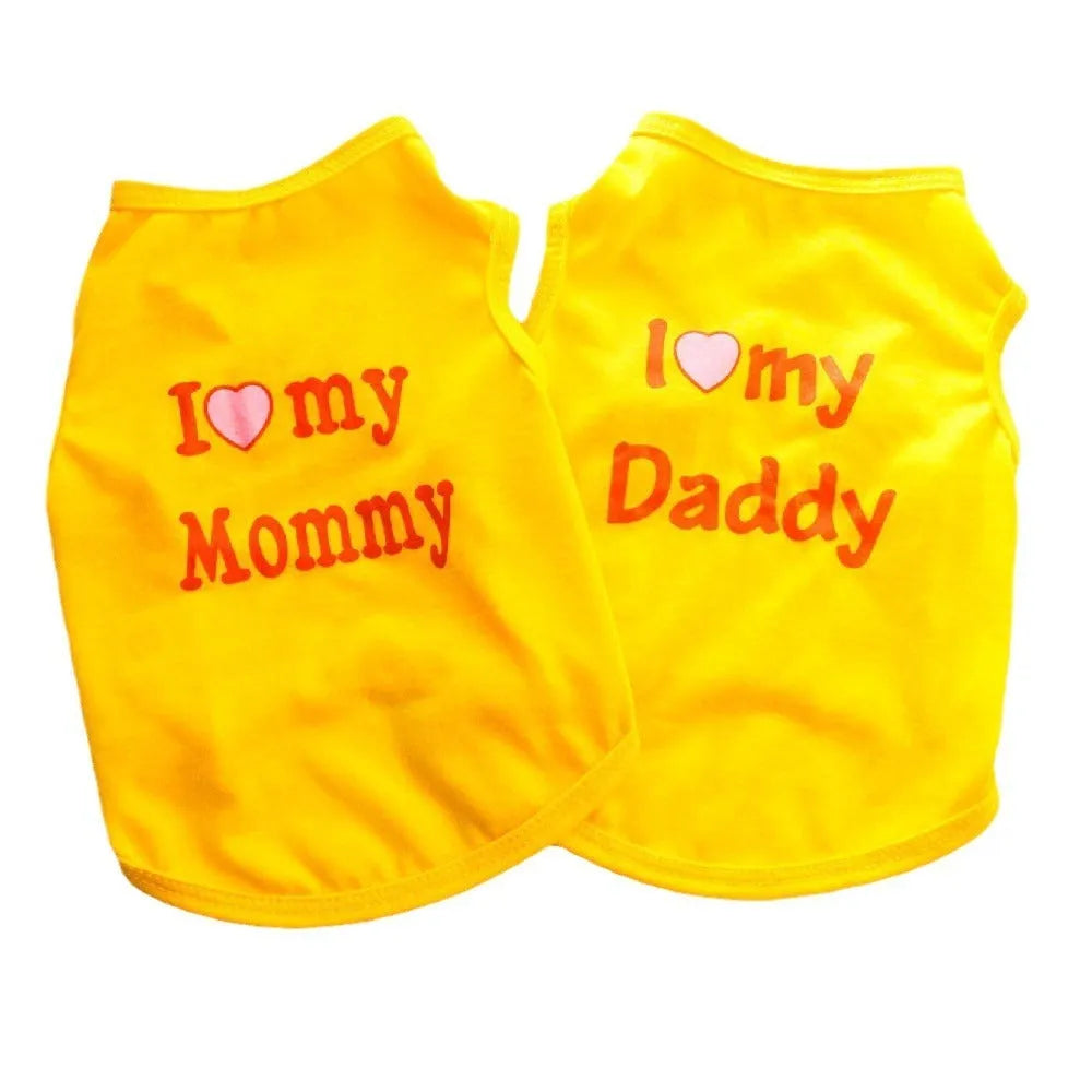 Polyester pet vest with Love Mom print in pink colour for small dogs