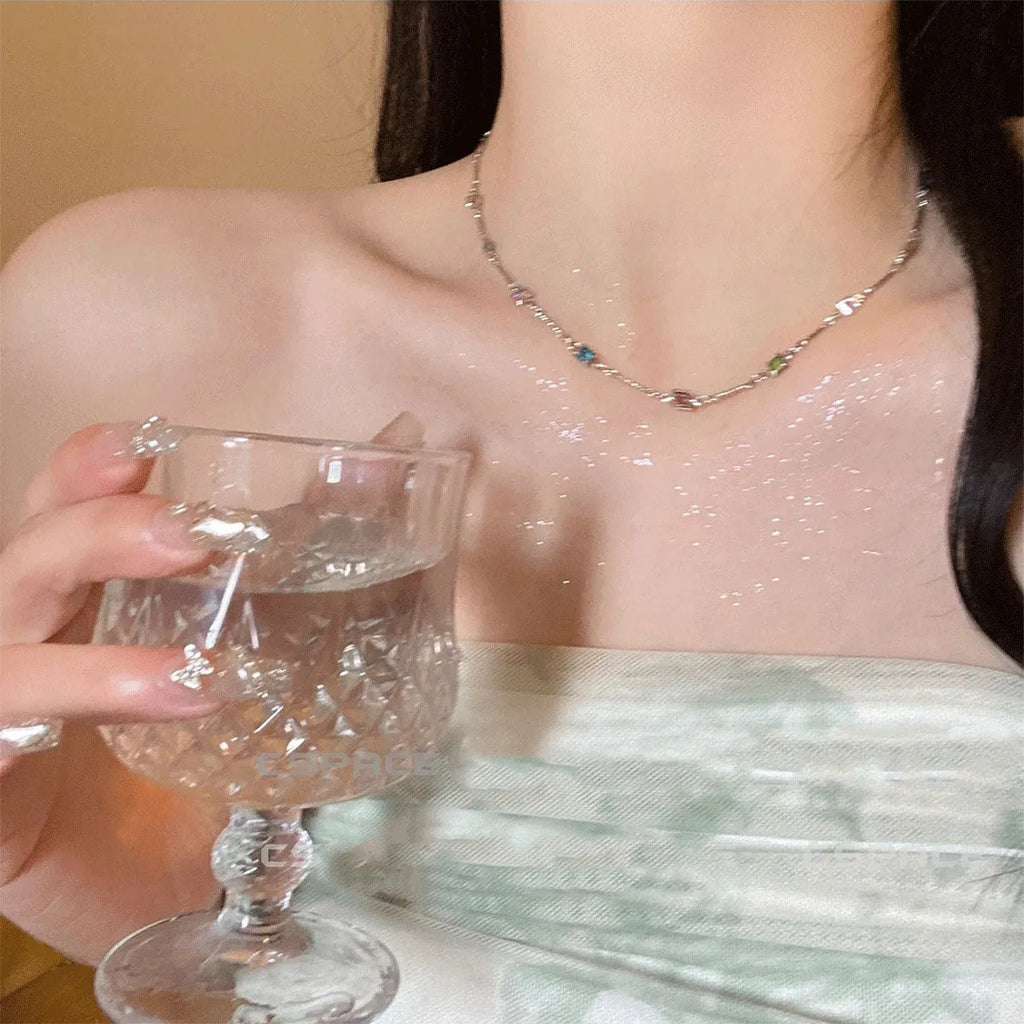 Square geometric clavicle chain necklace with crystal accents in gold plating