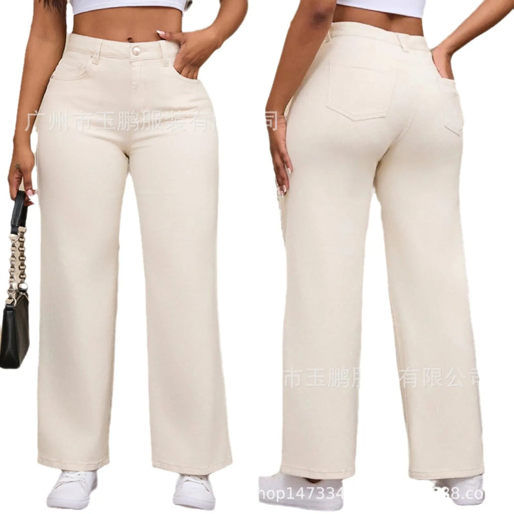 Women's high waist wide leg trousers in apricot and khaki cotton fabric with elastic waistband