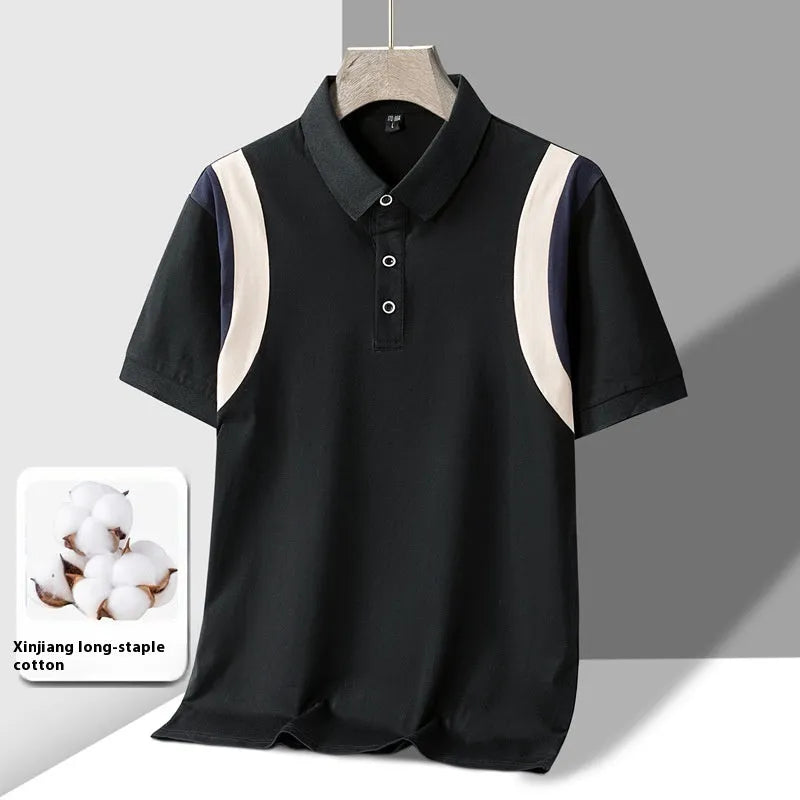 Men's striped thin cotton short sleeve t-shirt with lapel collar in loose Korean fit