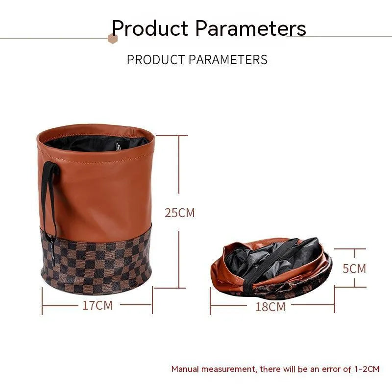 Retractable leather car trash can with waterproof lining and carry handle shown in vehicle