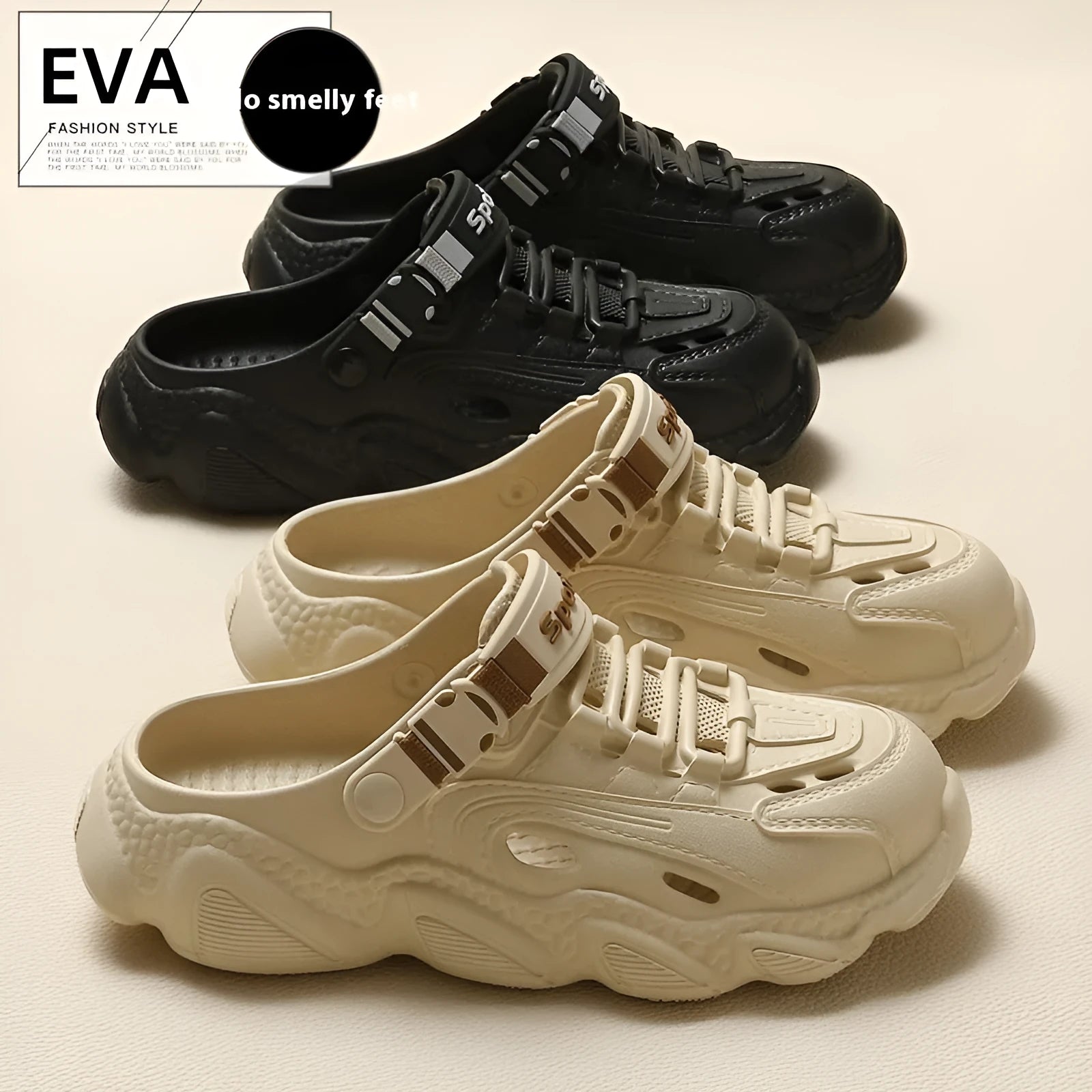 Men's khaki outdoor slippers with hollow-out design and textured EVA sole, shown on a patio.