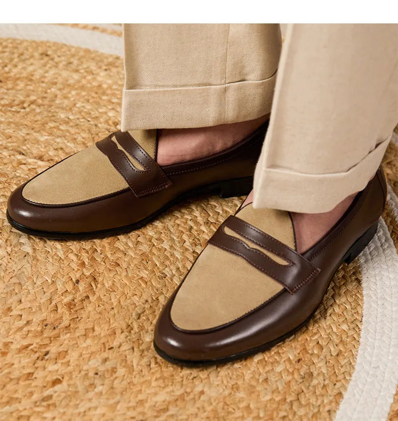 Coffee grey suede Belgium loafers for men with a slip-on design and rubber sole.