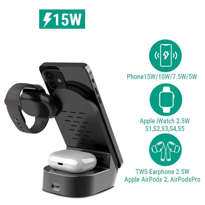Black and grey foldable 3-in-1 wireless charging vertical stand for phone, watch and earbuds.