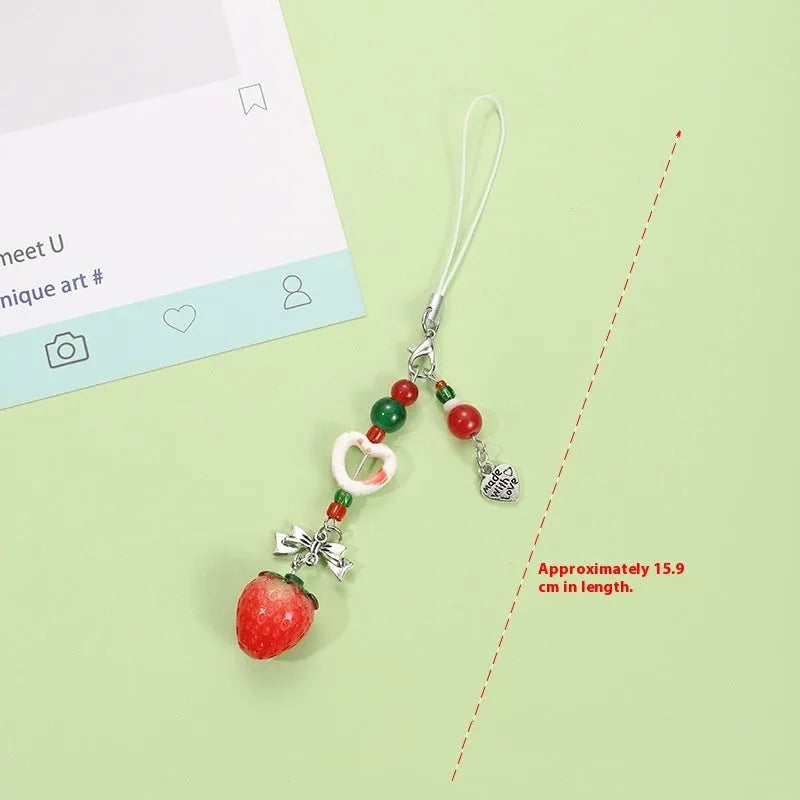 Fruit pattern plastic resin mobile phone charm keychain with rope attachment for iPhone cases