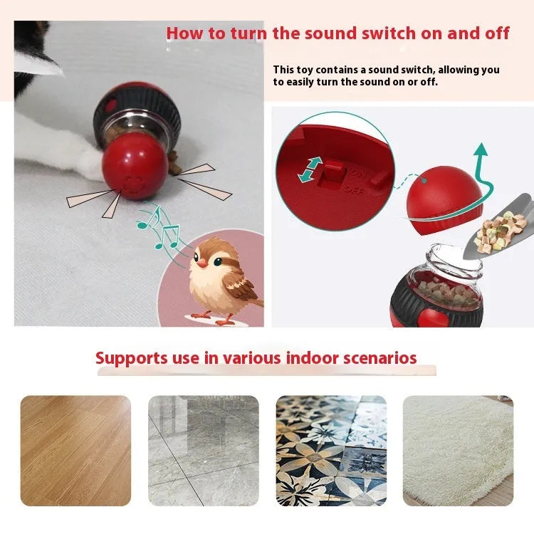 Rotating plastic cat toy with sound features and treat openings measuring 155mm with super ball accessory