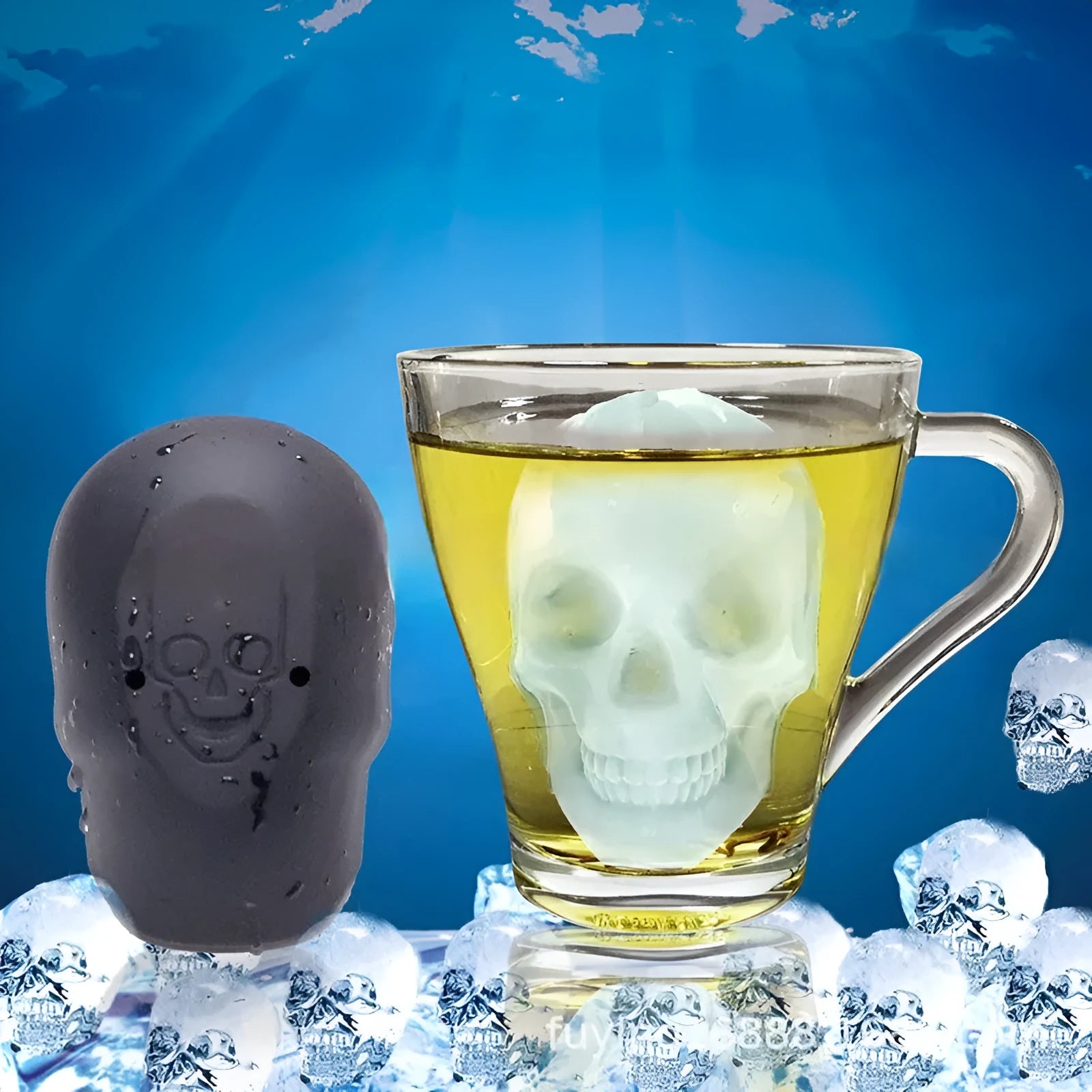 Silicone Halloween skull ice cube tray producing 3D skull-shaped ice