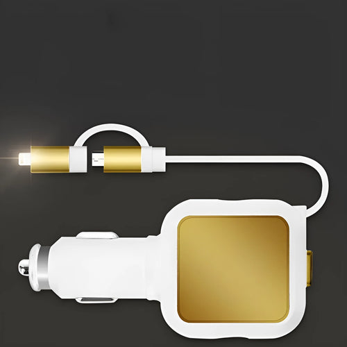 2 in 1 dual USB retractable car charger in black and gold colour showing USB ports and retractable cable