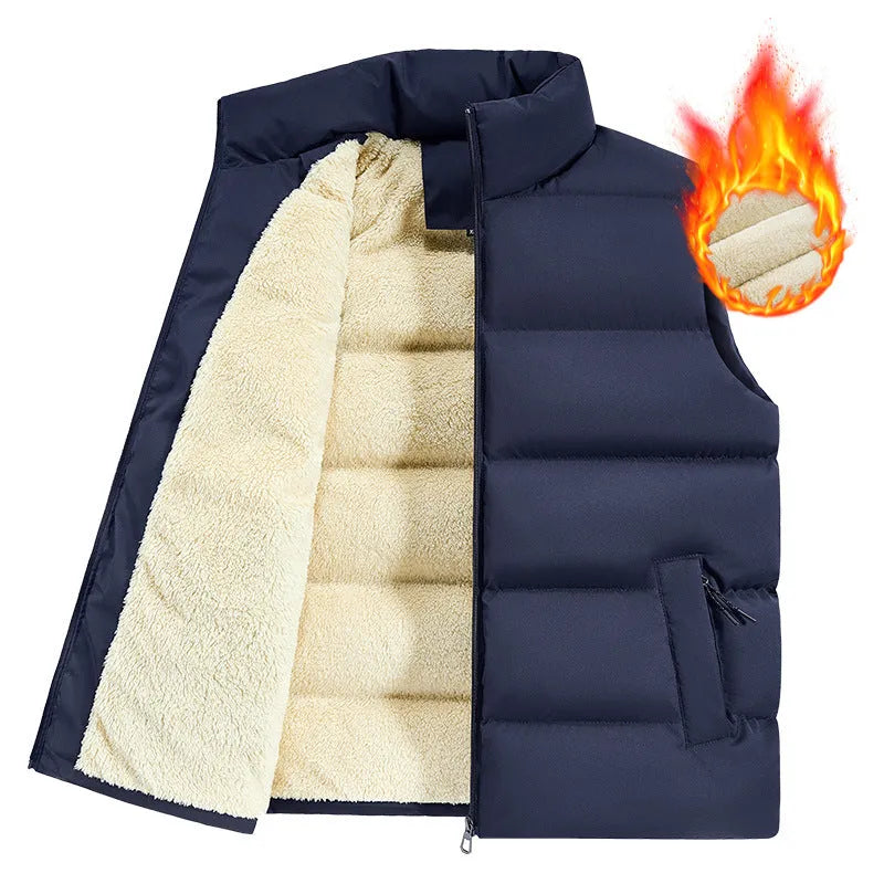 Man wearing a striped lambswool vest in black, showing the sleeveless design for autumn and winter.