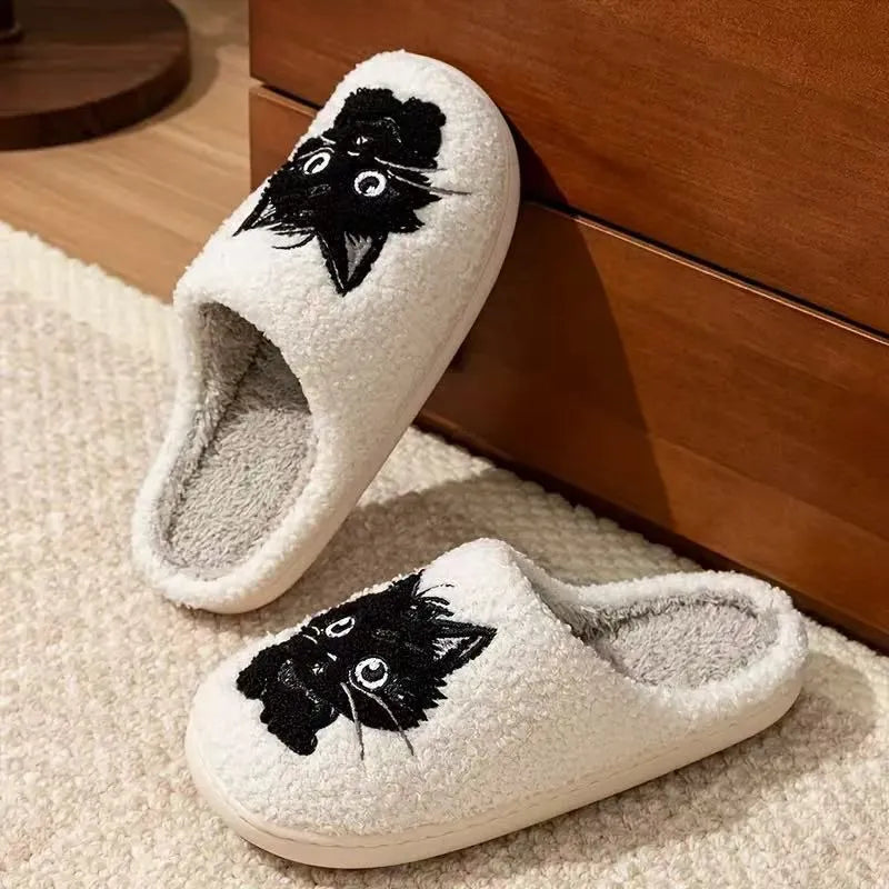 White plush slippers with black beard cat couple cartoon design and non-slip soles